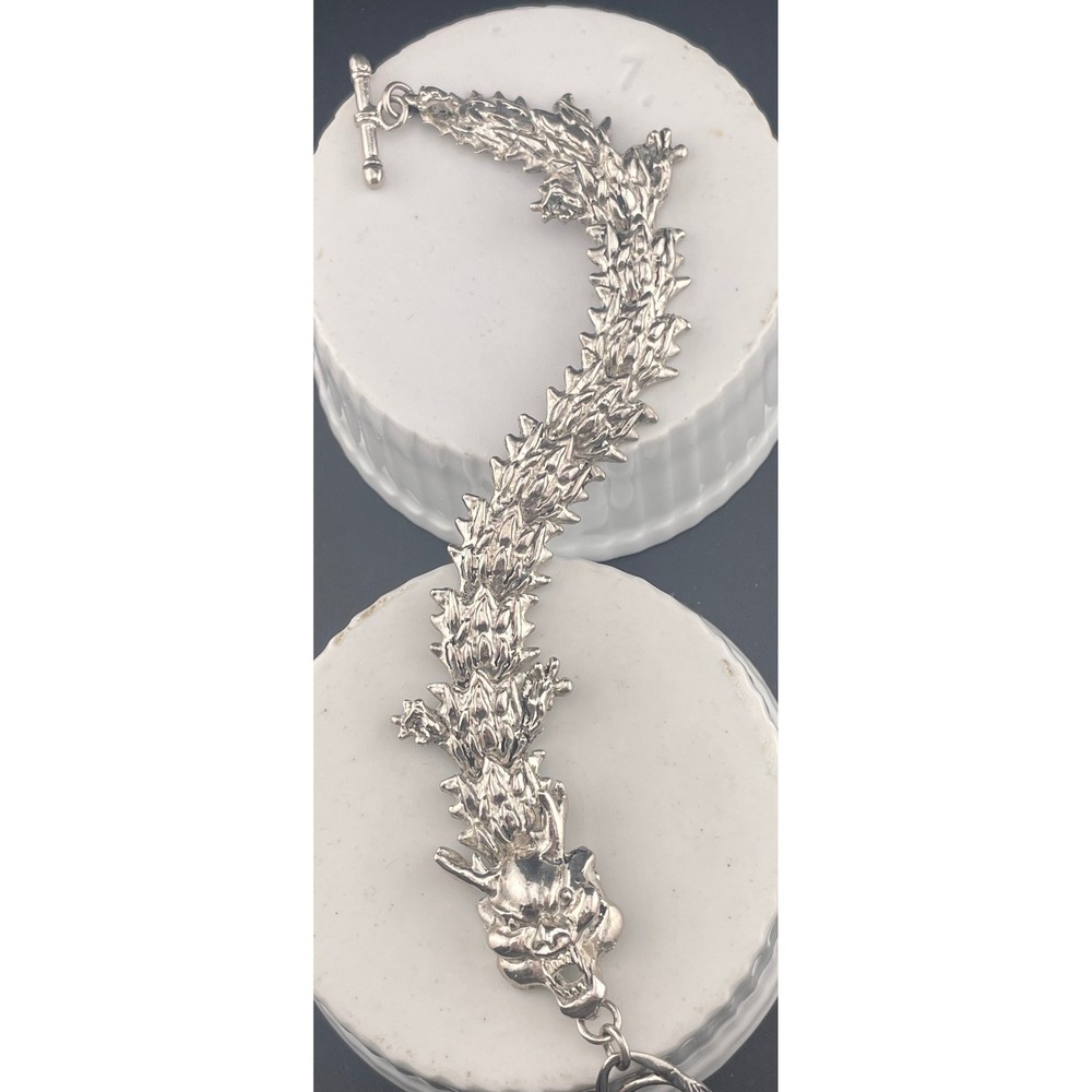 Vintage Brutalist Dragon Bracelet Silver Tone Heavy Textured Toggle‎ Statement